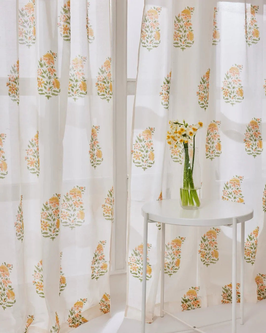 White & Yellow Hand Block Printed Linen Curtains | Floral Bouquet Design - Pickkart
