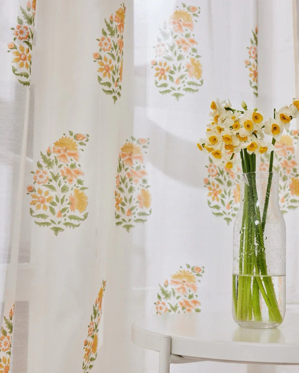 White & Yellow Hand Block Printed Linen Curtains | Floral Bouquet Design - Pickkart