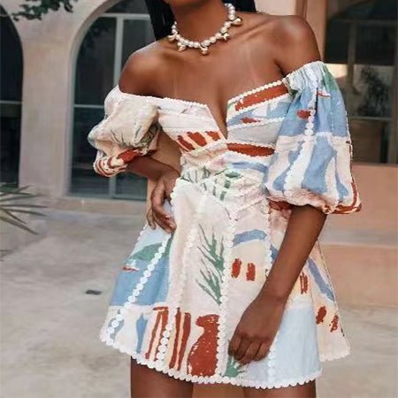 Women's Flower Print Lace Sling Dress Fashion V - neck Waist - baring Skirt Summer Clotjing - Pickkart